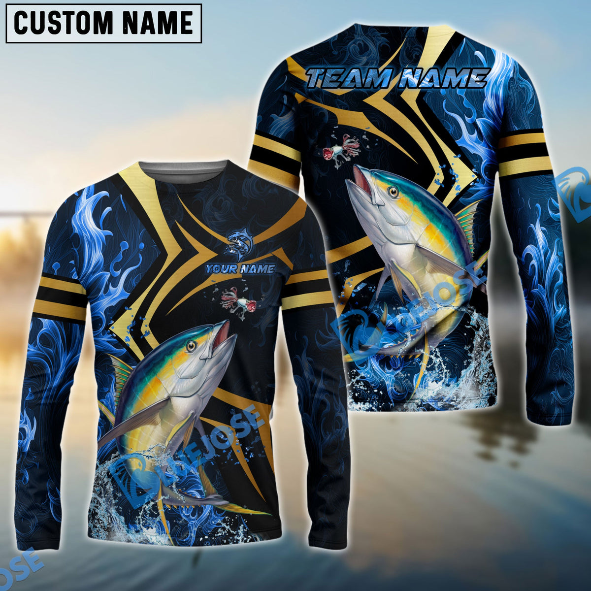 Bluejose Tuna Fishing Blue Ocean Wave &amp; Gold Geometric Custom Name &amp; Team Name 3D Shirts