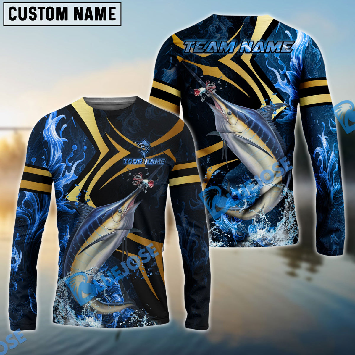Bluejose Marlin Fishing Blue Ocean Wave &amp; Gold Geometric Custom Name &amp; Team Name 3D Shirts