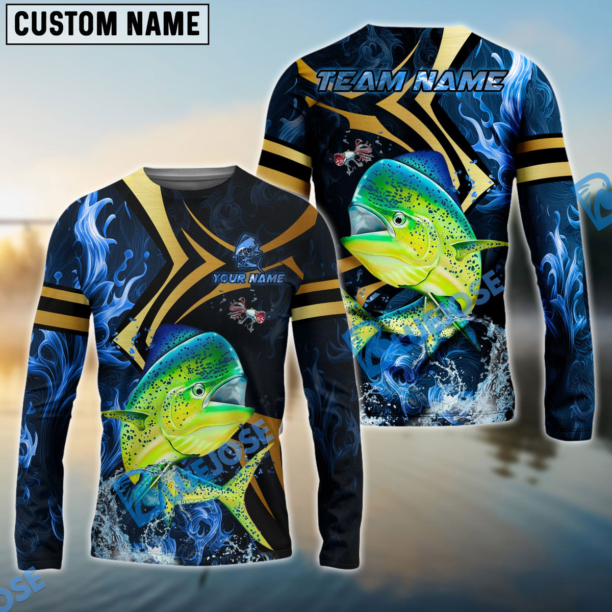 Bluejose Mahi-Mahi Fishing Blue Ocean Wave &amp; Gold Geometric Custom Name &amp; Team Name 3D Shirts