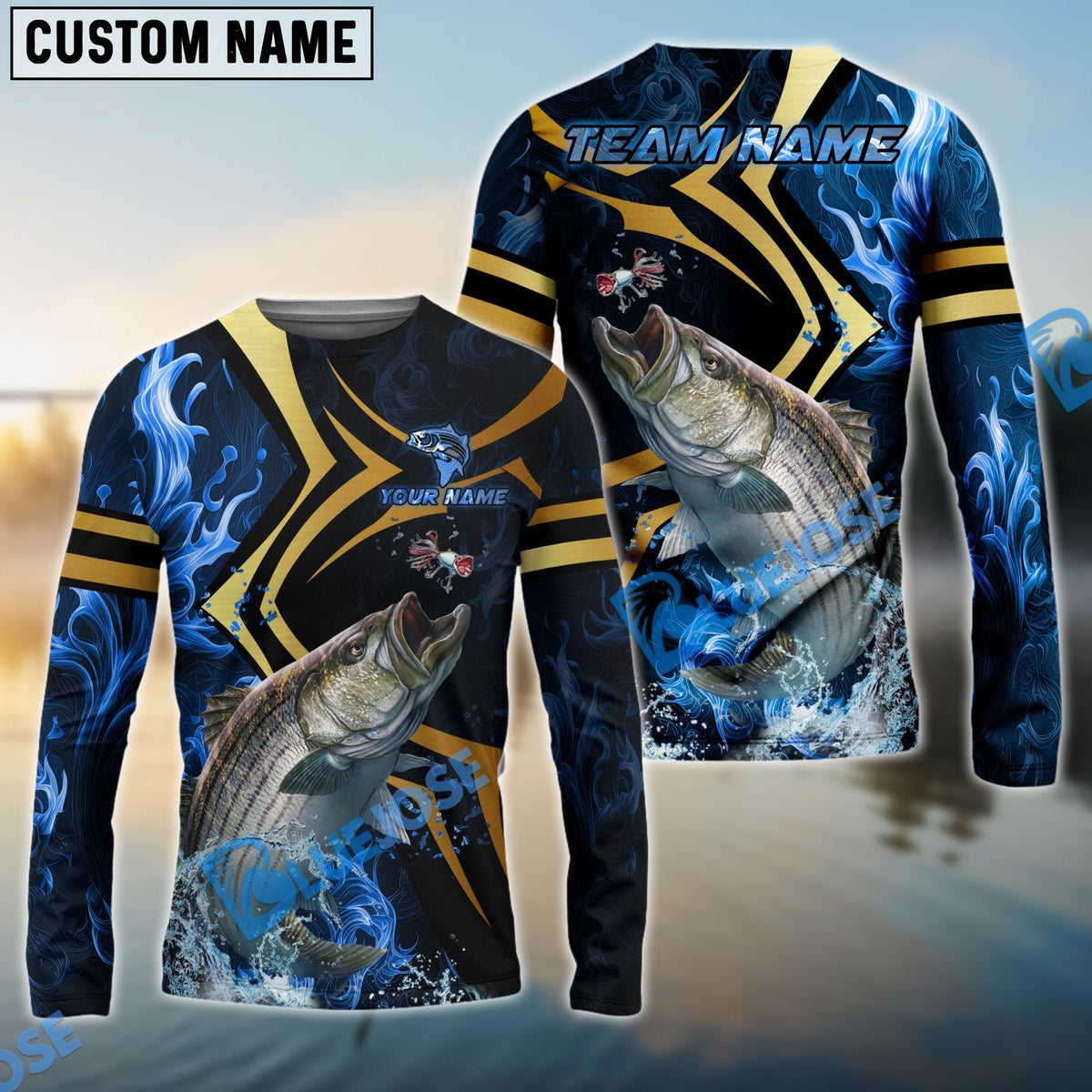 Bluejose Striped Bass Fishing Blue Ocean Wave &amp; Gold Geometric Custom Name &amp; Team Name 3D Shirts