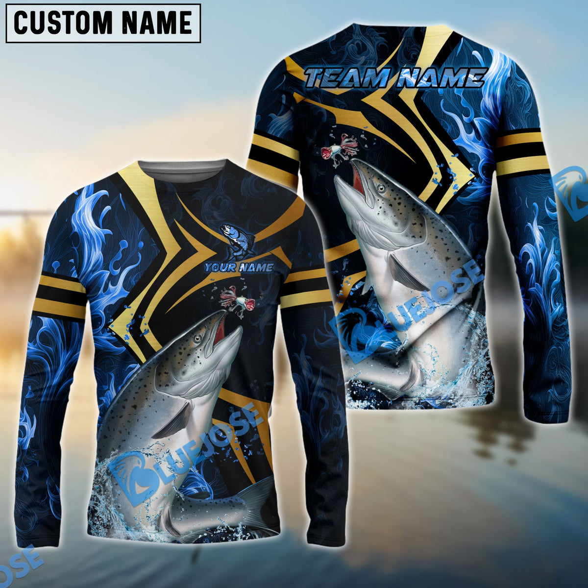 Bluejose Salmon Fishing Blue Ocean Wave &amp; Gold Geometric Custom Name &amp; Team Name 3D Shirts