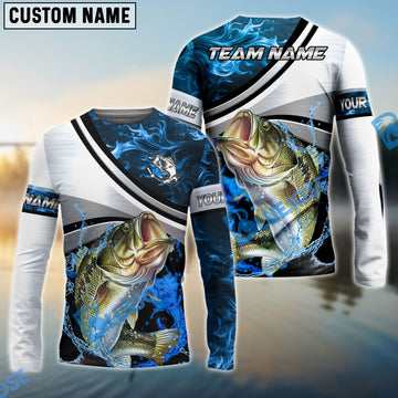 Bluejose Bass Fishing Grey Diagonal Stripe & Blue Flame Water Splash Custom Name & Team Name 3D Shirts