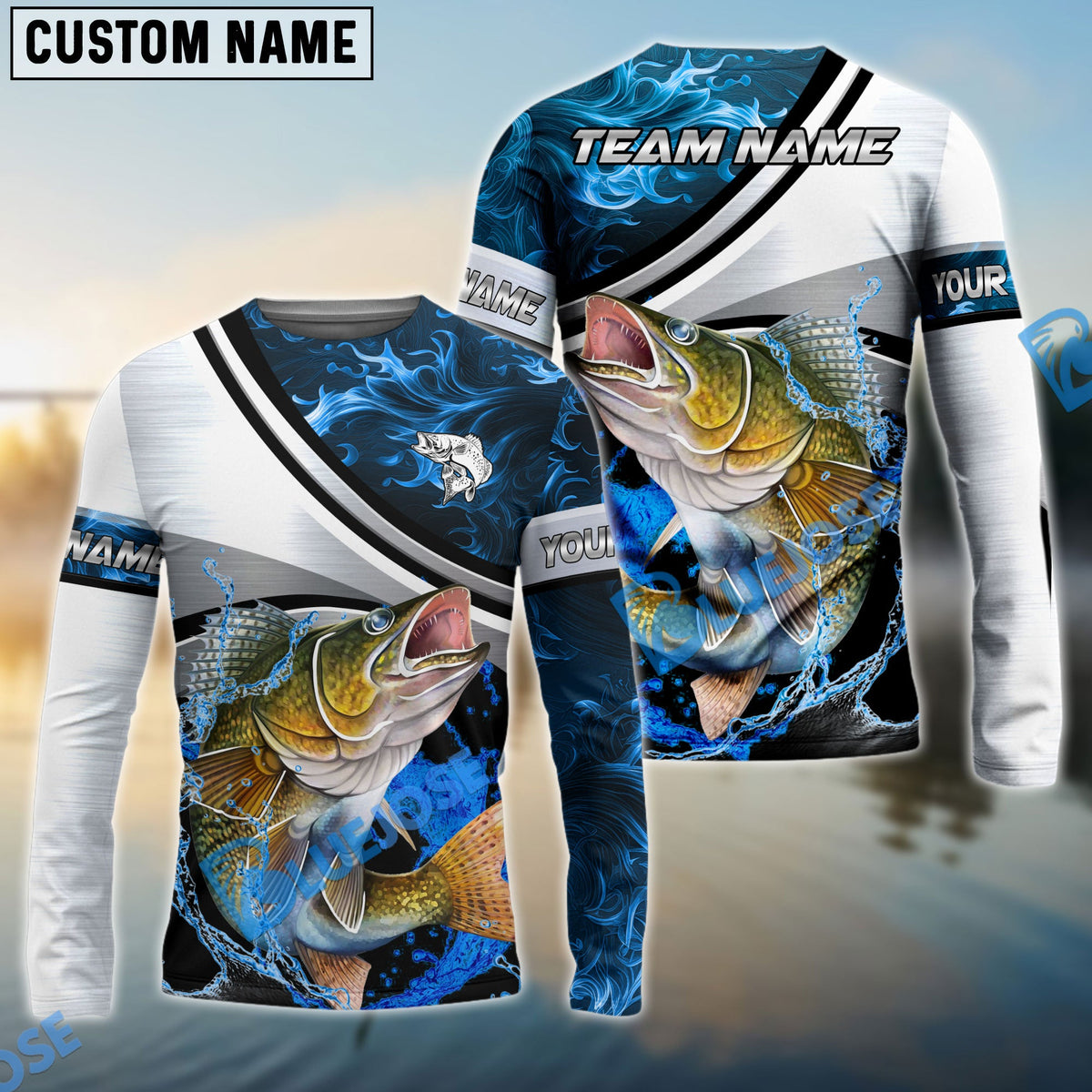 Bluejose Walleye Fishing Grey Diagonal Stripe &amp; Blue Flame Water Splash Custom Name &amp; Team Name 3D Shirts