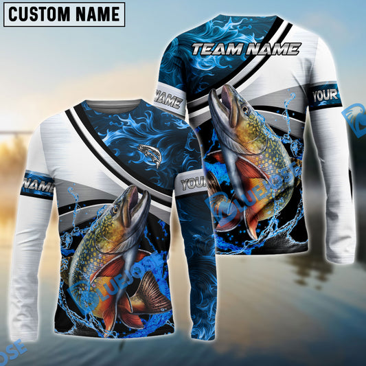 Bluejose Trout Fishing Grey Diagonal Stripe & Blue Flame Water Splash Custom Name & Team Name 3D Shirts