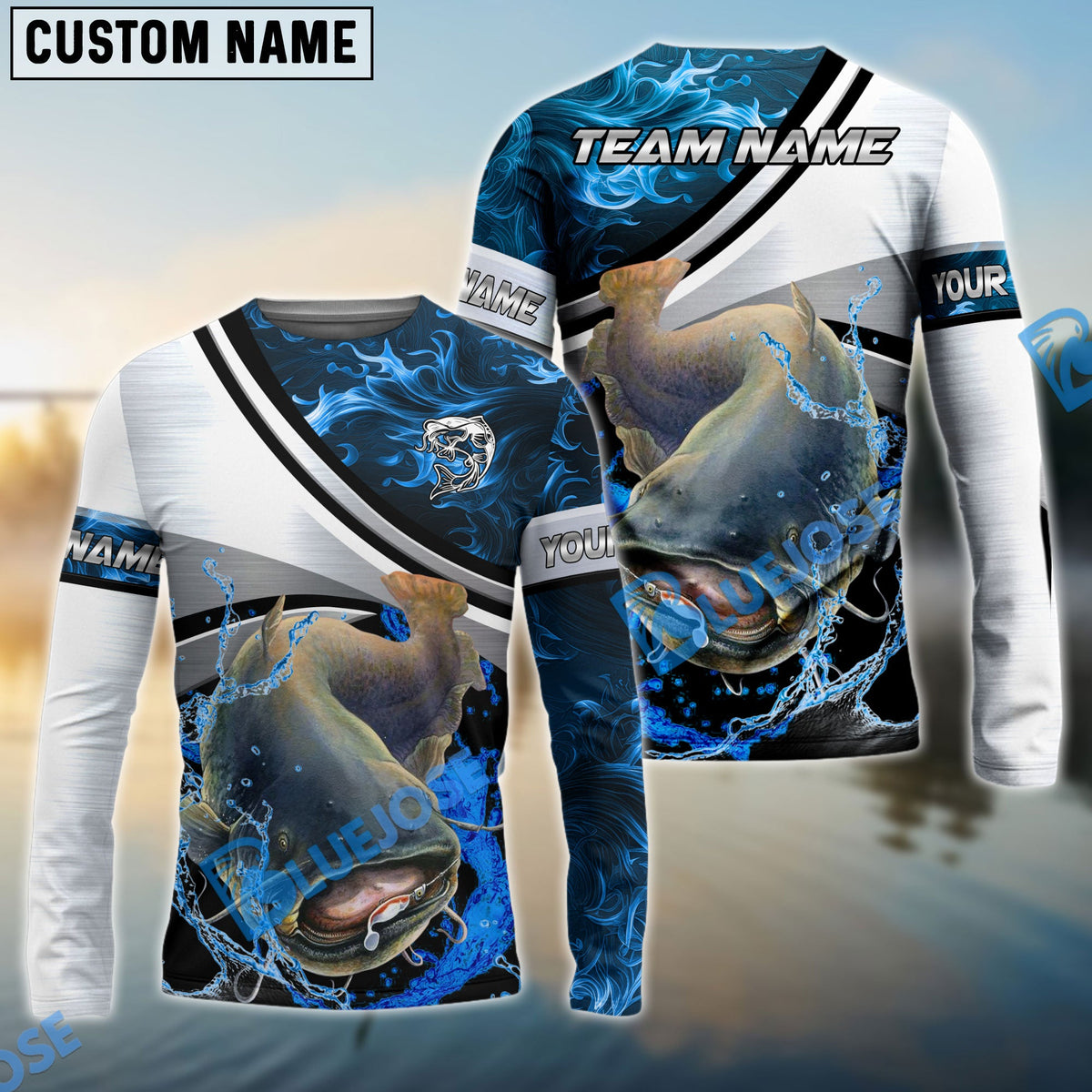 Bluejose Catfish Fishing Grey Diagonal Stripe &amp; Blue Flame Water Splash Custom Name &amp; Team Name 3D Shirts