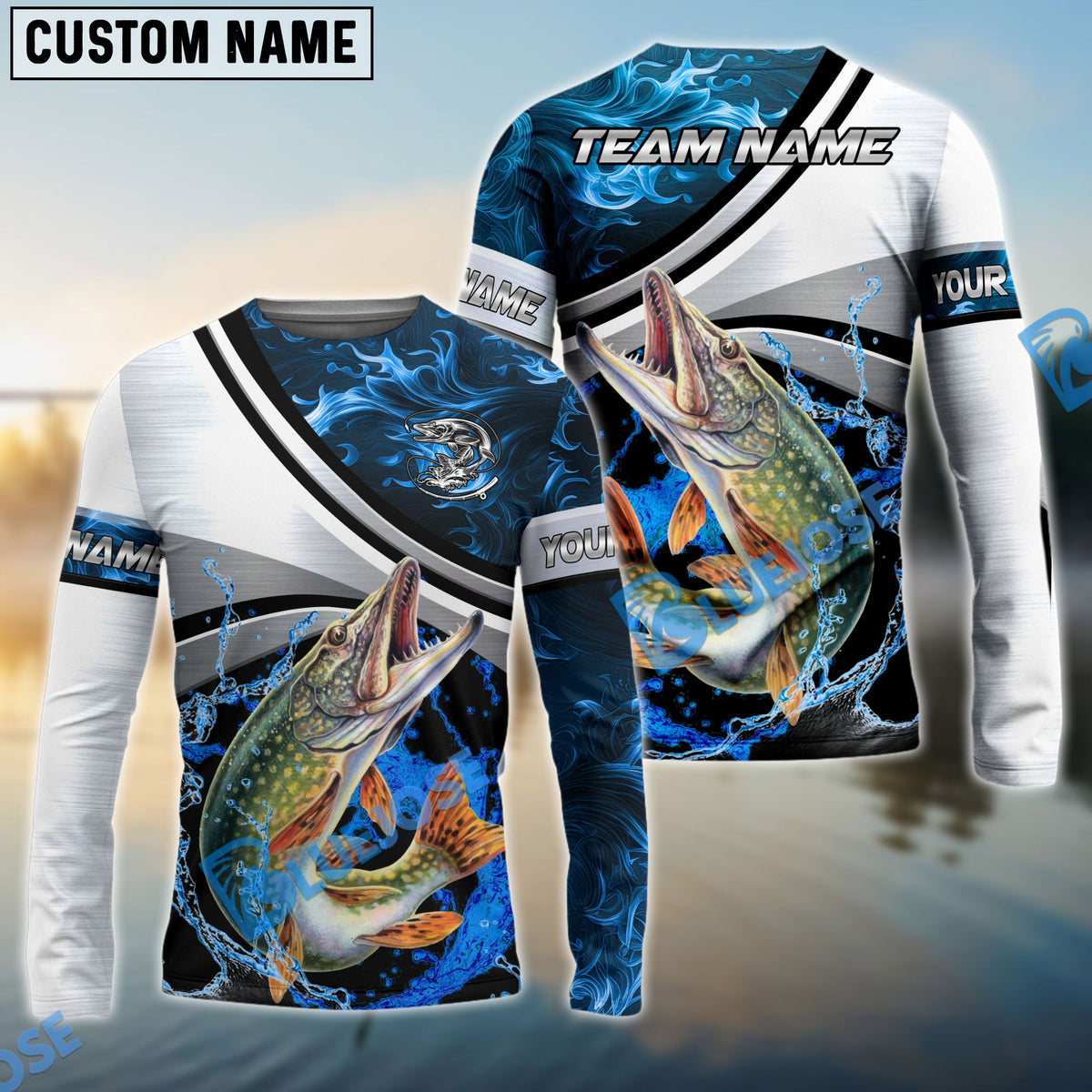 Bluejose Pike Fishing Grey Diagonal Stripe &amp; Blue Flame Water Splash Custom Name &amp; Team Name 3D Shirts