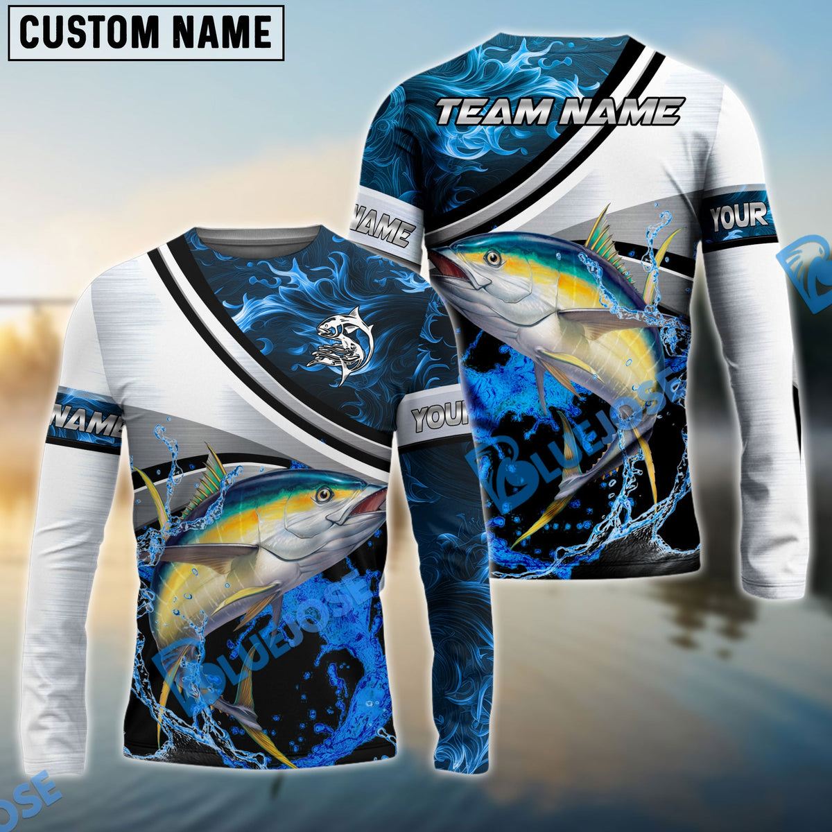 Bluejose Tuna Fishing Grey Diagonal Stripe &amp; Blue Flame Water Splash Custom Name &amp; Team Name 3D Shirts