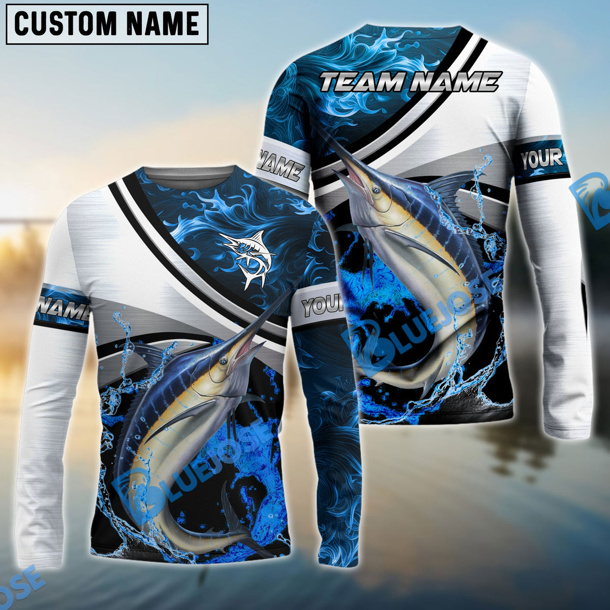 Bluejose Marlin Fishing Grey Diagonal Stripe &amp; Blue Flame Water Splash Custom Name &amp; Team Name 3D Shirts