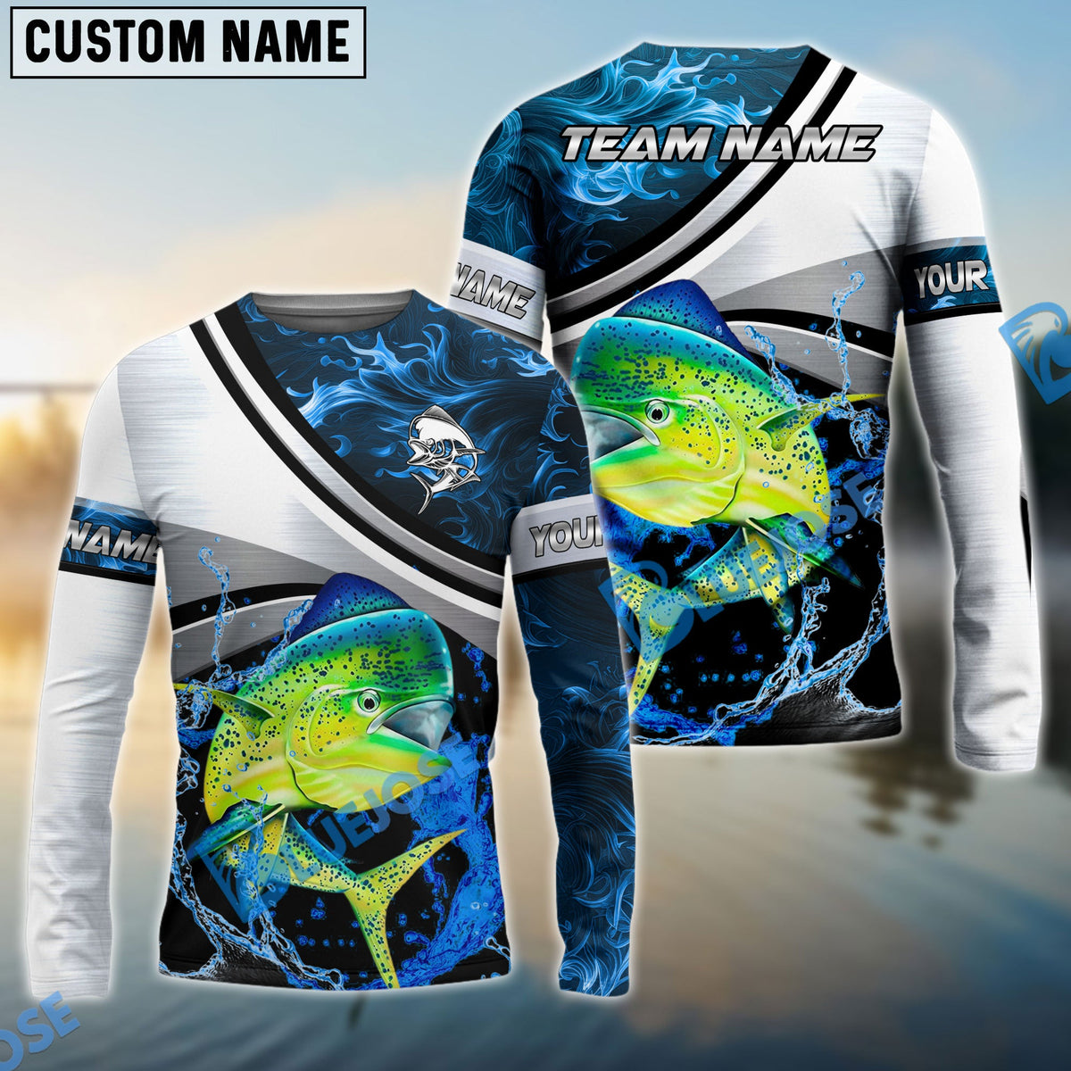 Bluejose Mahi-Mahi Fishing Grey Diagonal Stripe &amp; Blue Flame Water Splash Custom Name &amp; Team Name 3D Shirts