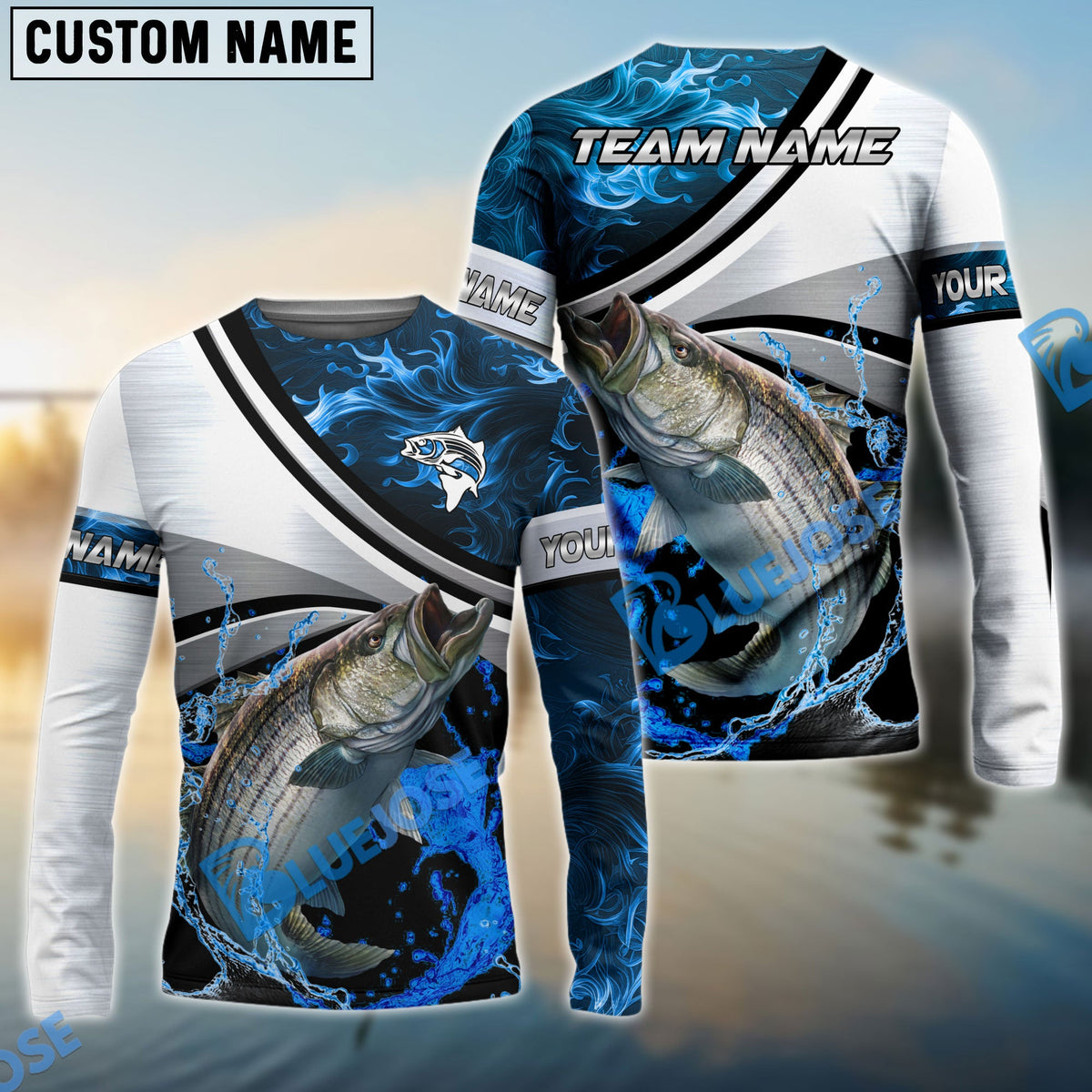 Bluejose Striped Bass Fishing Grey Diagonal Stripe &amp; Blue Flame Water Splash Custom Name &amp; Team Name 3D Shirts