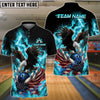 BlueJose Bowling & Pins Burning Eagle American Flag Patriot Customized Name, Team Name 3D Shirt (4 Colors)