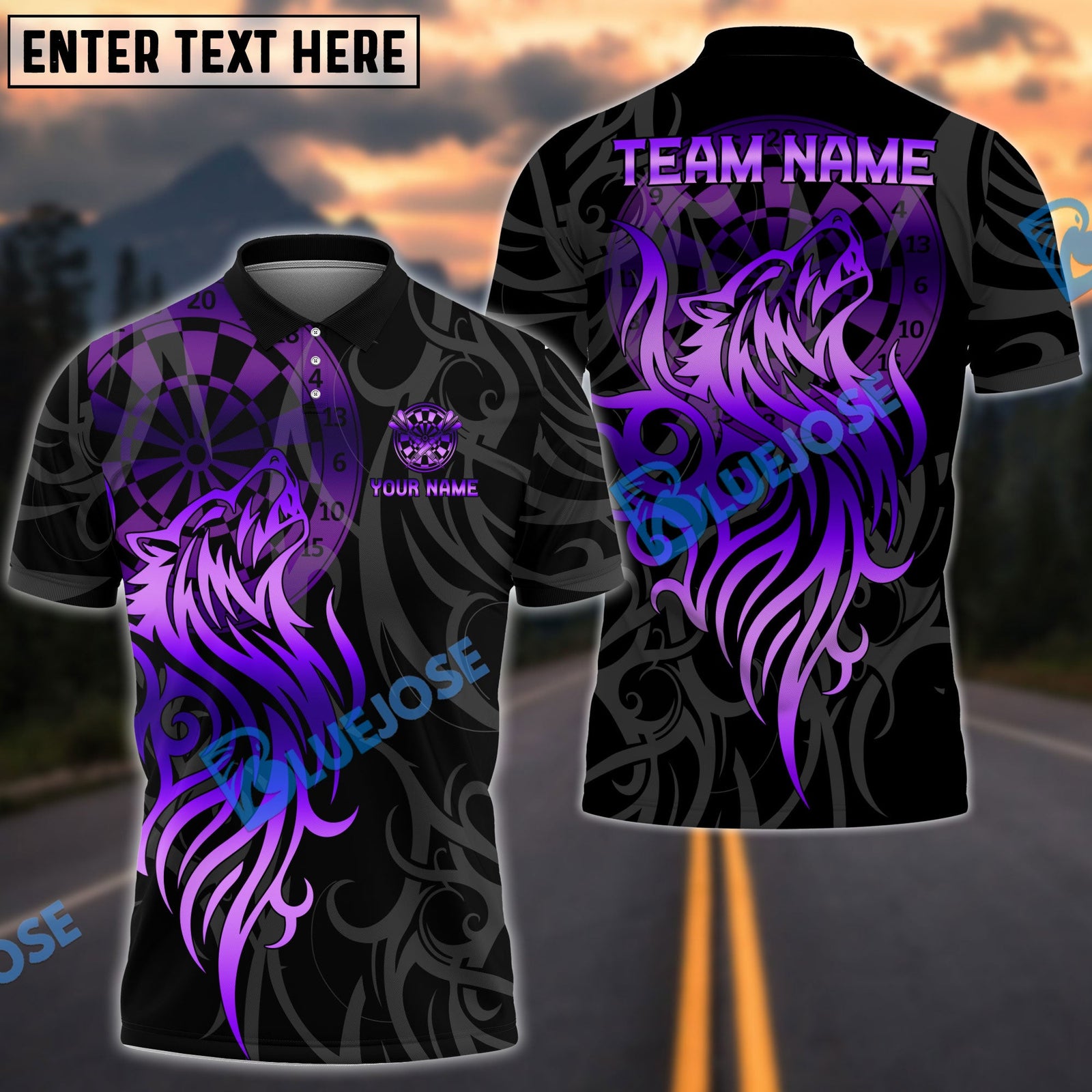 BlueJose Darts Golden Tribal Wolf Design Multicolor Options Personalized Name Shirt (6 Colors)