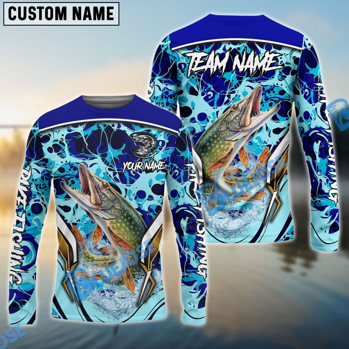 Bluejose Pike Fishing Blue Fiction Sea Custom Name &amp; Team Name 3D Shirts