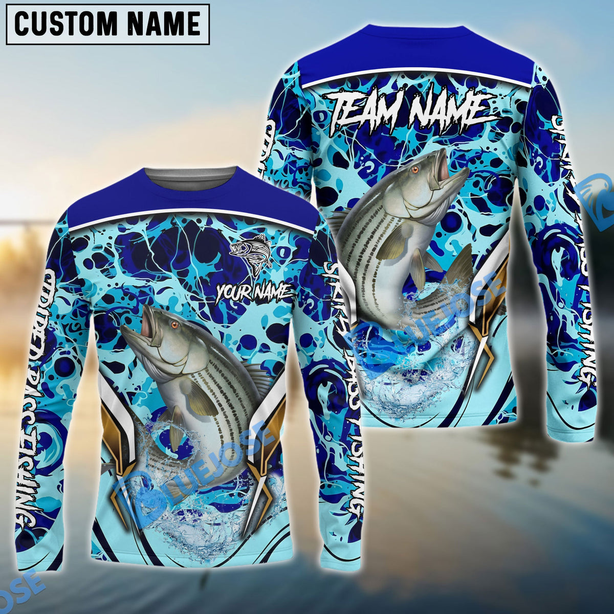 Bluejose Striped Bass Fishing Blue Fiction Sea Custom Name &amp; Team Name 3D Shirts