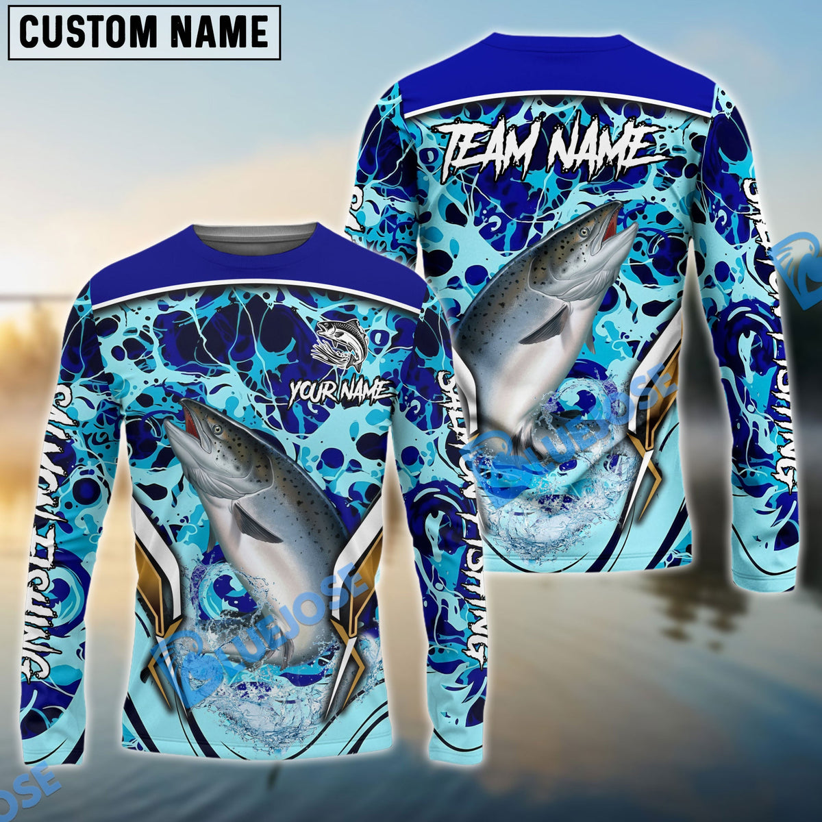 Bluejose Salmon Fishing Blue Fiction Sea Custom Name &amp; Team Name 3D Shirts