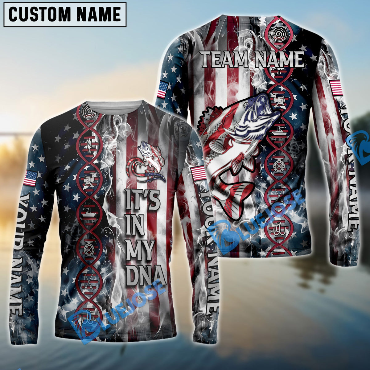 Bluejose Bass Fishing American Flag Smoke &amp; Red DNA Helix Firefighter Icons Custom Name &amp; Team Name 3D Shirts