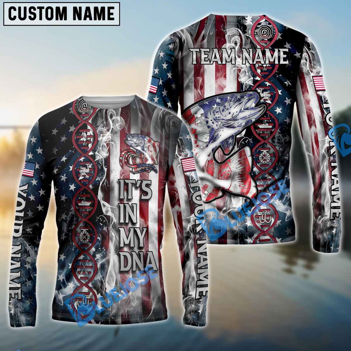 Bluejose Trout Fishing American Flag Smoke &amp; Red DNA Helix Firefighter Icons Custom Name &amp; Team Name 3D Shirts