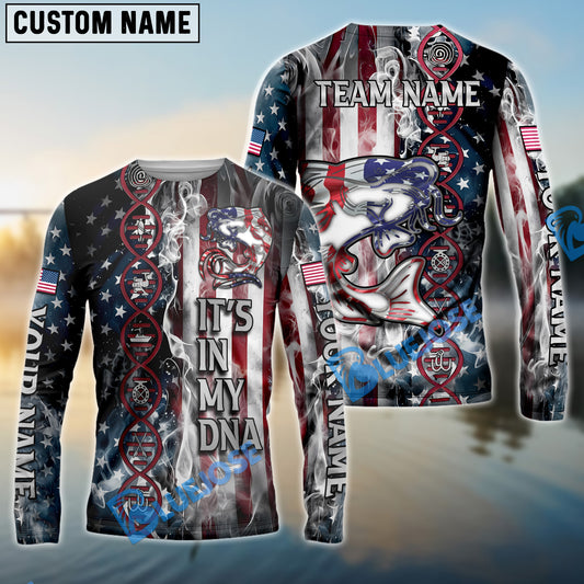 Bluejose Catfish Fishing American Flag Smoke & Red DNA Helix Firefighter Icons Custom Name & Team Name 3D Shirts