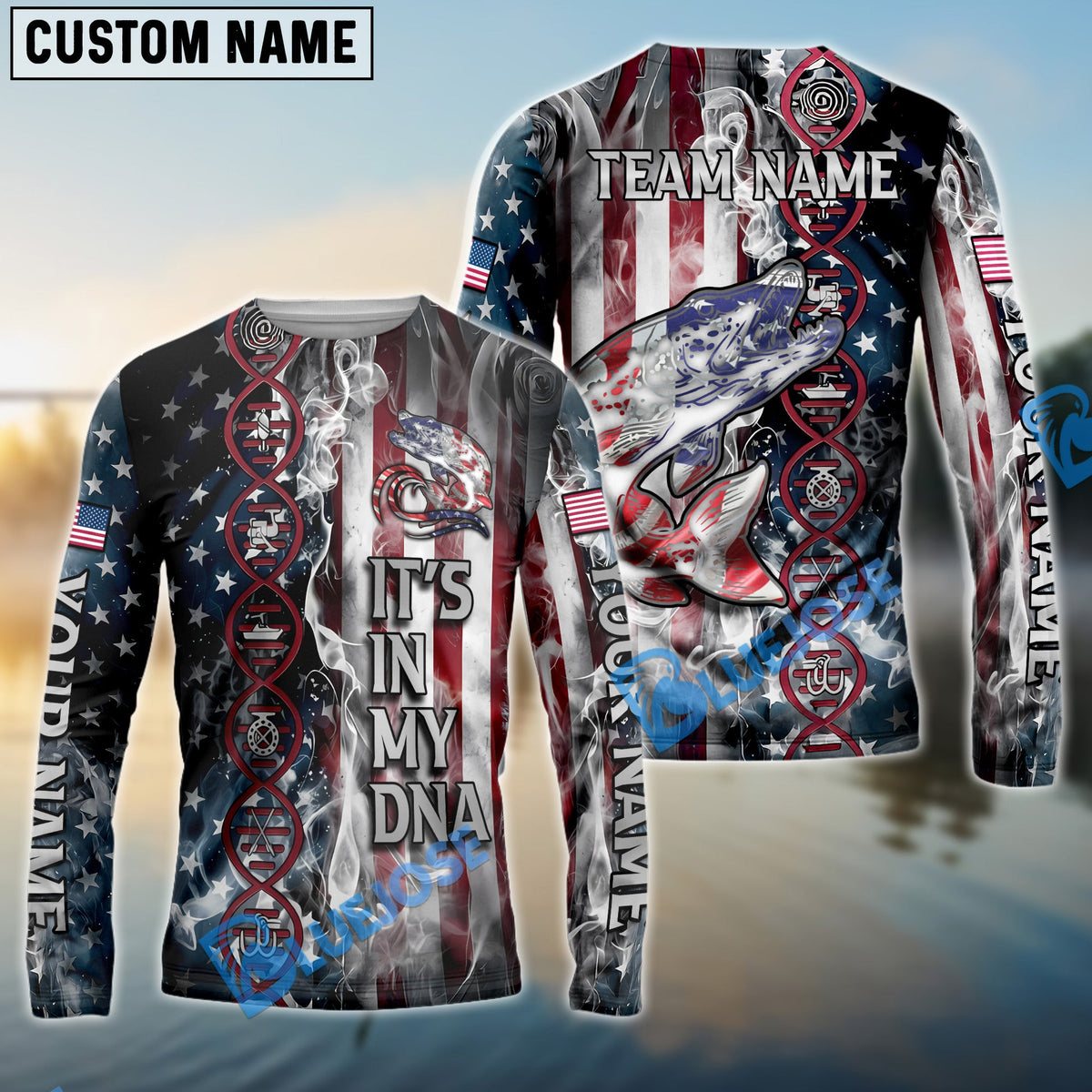 Bluejose Pike Fishing American Flag Smoke &amp; Red DNA Helix Firefighter Icons Custom Name &amp; Team Name 3D Shirts