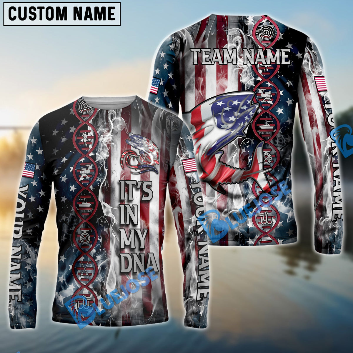 Bluejose Tuna Fishing American Flag Smoke &amp; Red DNA Helix Firefighter Icons Custom Name &amp; Team Name 3D Shirts