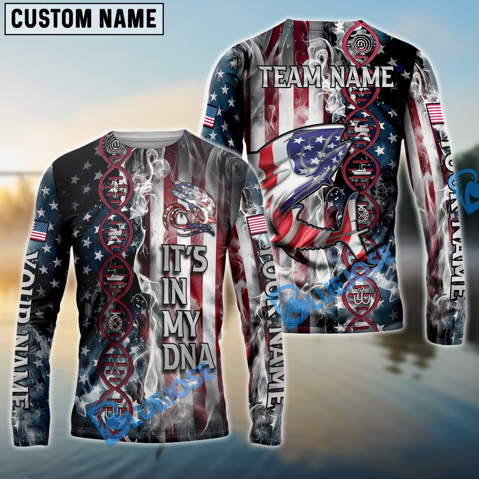 Bluejose Tuna Fishing American Flag Smoke & Red DNA Helix Firefighter Icons Custom Name & Team Name 3D Shirts