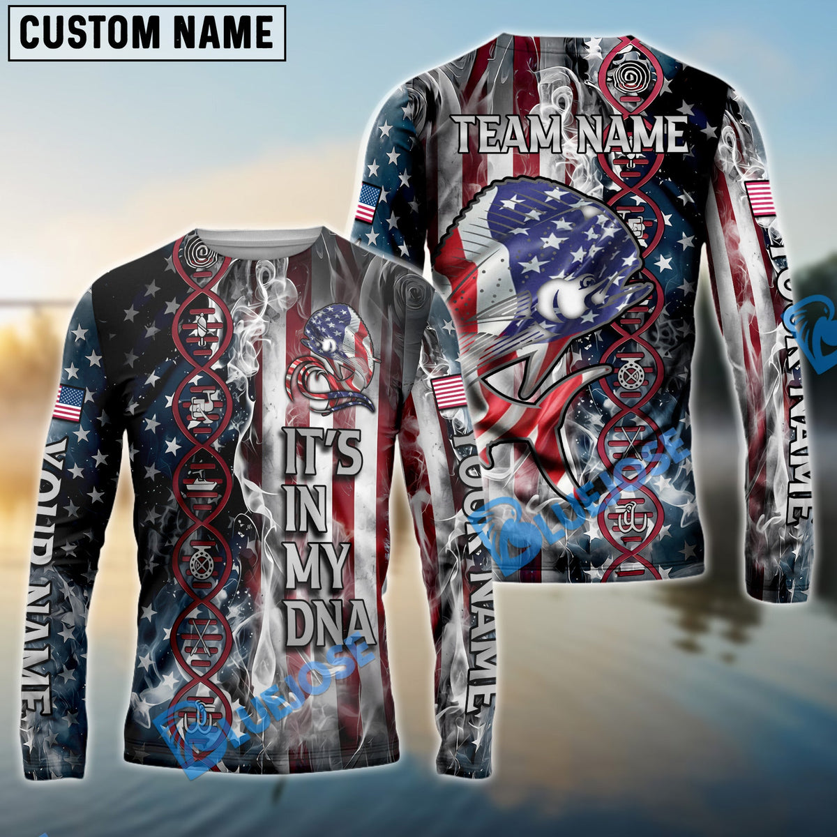 Bluejose Mahi-Mahi Fishing American Flag Smoke &amp; Red DNA Helix Firefighter Icons Custom Name &amp; Team Name 3D Shirts