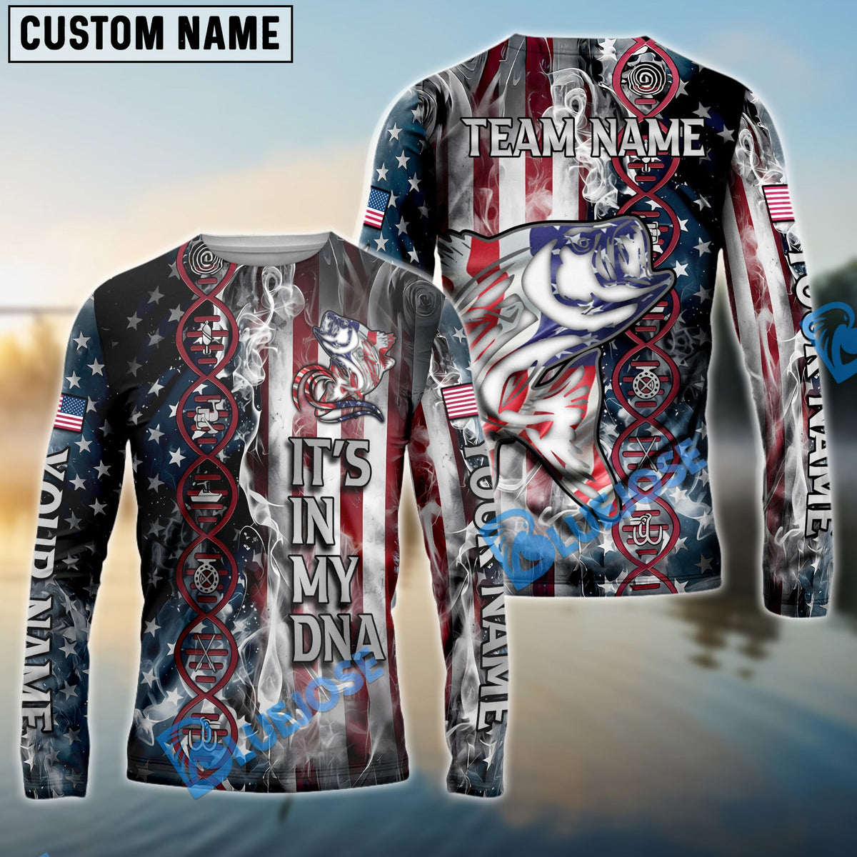 Bluejose Striped Bass Fishing American Flag Smoke &amp; Red DNA Helix Firefighter Icons Custom Name &amp; Team Name 3D Shirts