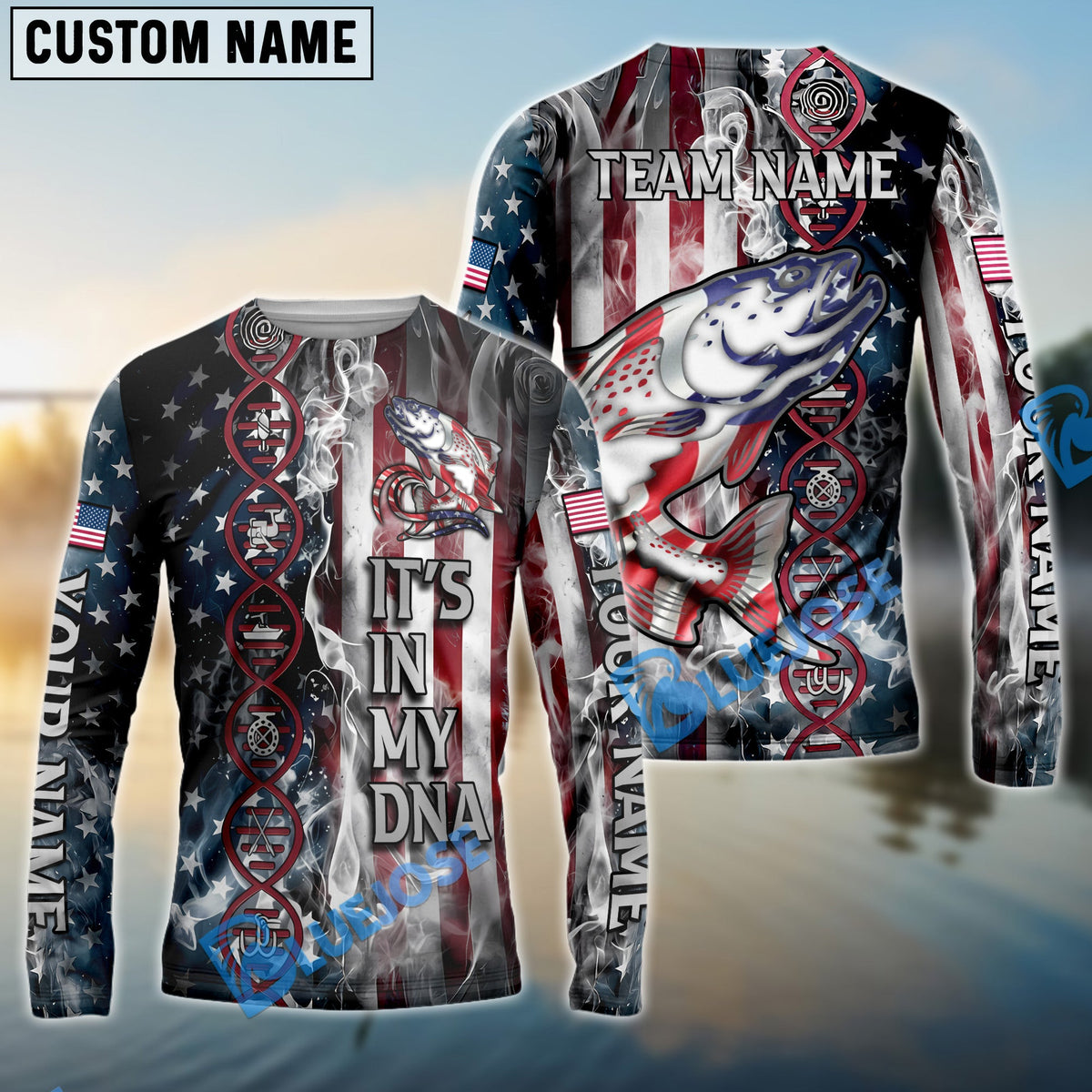 Bluejose Salmon Fishing American Flag Smoke &amp; Red DNA Helix Firefighter Icons Custom Name &amp; Team Name 3D Shirts