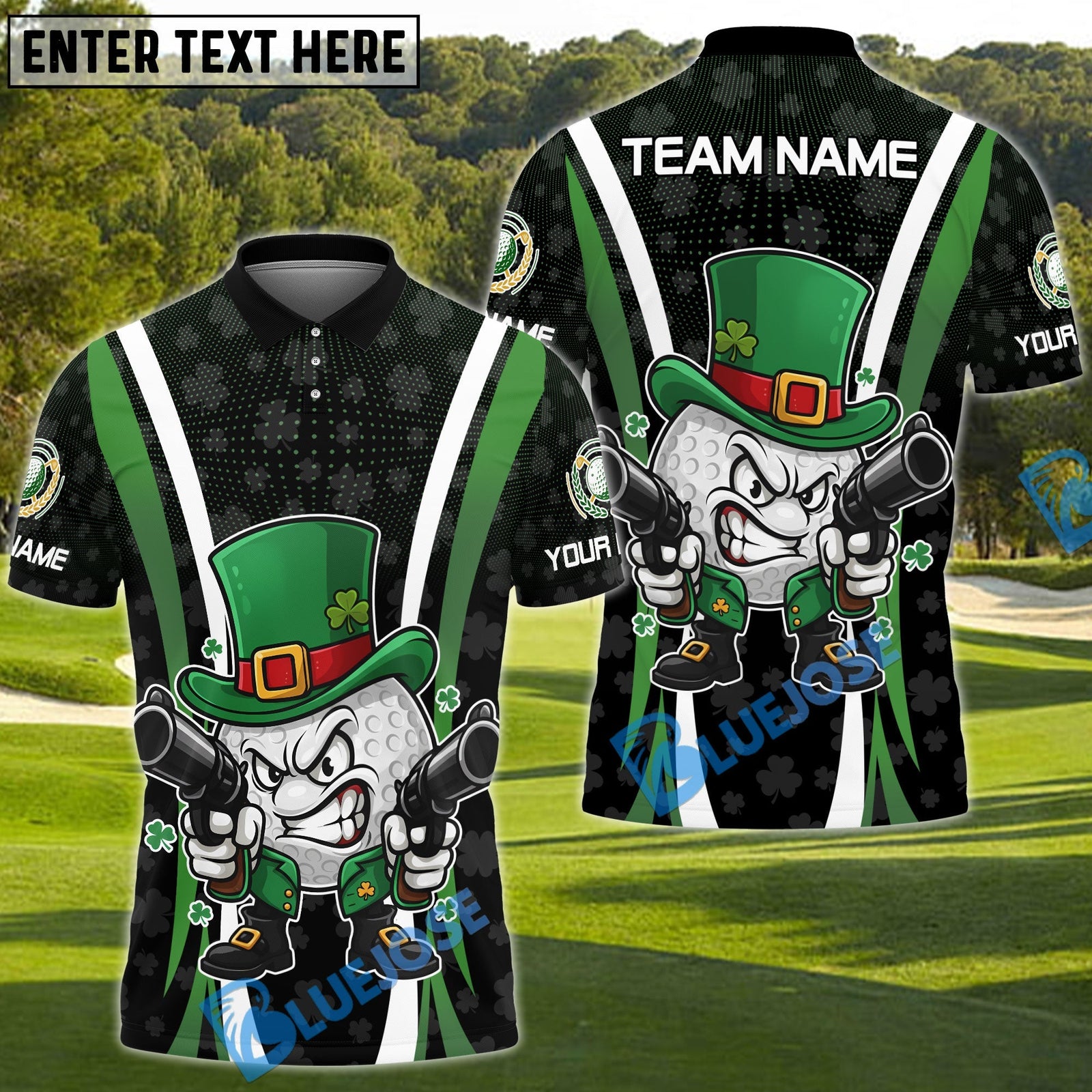BlueJose Funny Irish Cowboy St. Patrick Golf Polo Shirt Customized Name, Team Name Shirts