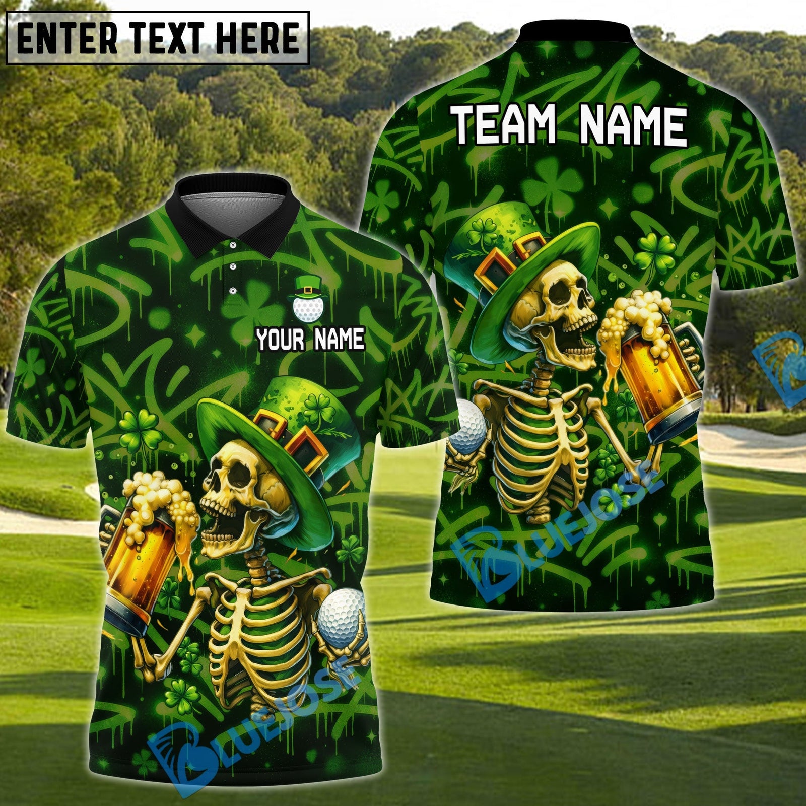 BlueJose St. Patrick‚Äôs Beer & Birdies Golf Polo Shirt Customized Name, Team Name Shirts