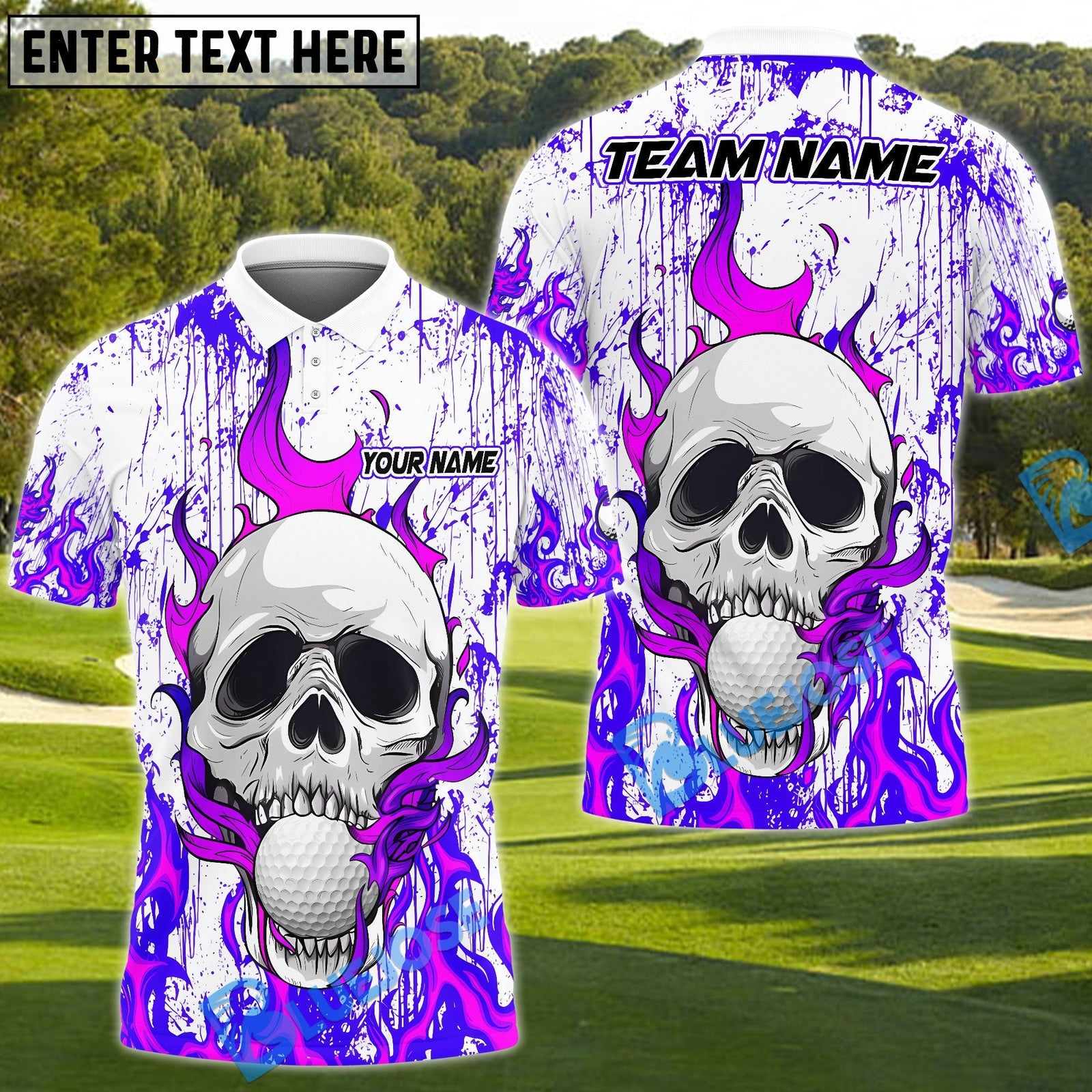 BlueJose Flaming Skull Golf Polo Customized Name, Team Name 3D Shirts (4 Colors)