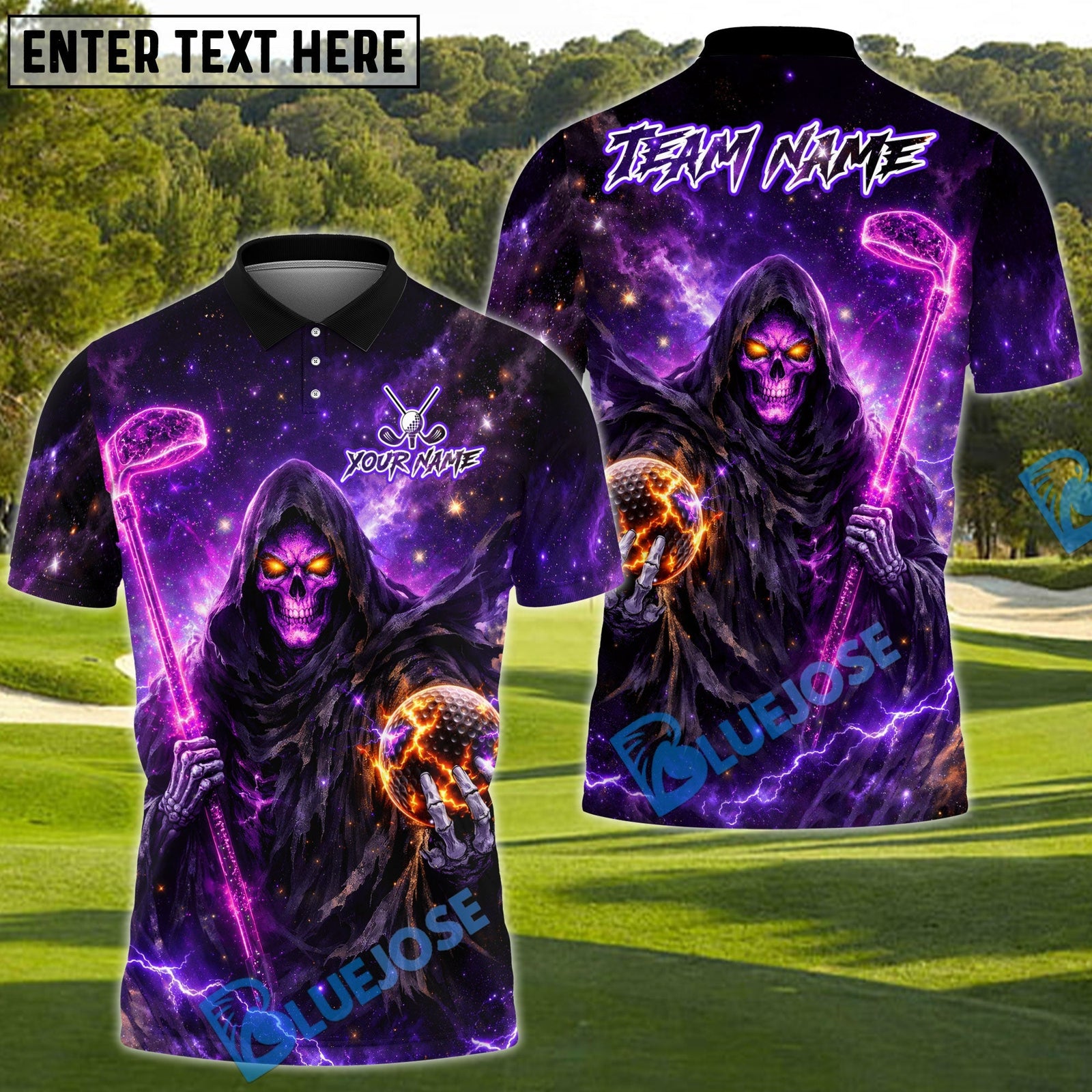 BlueJose Reaper Power Swing Golf Polo Customized Name, Team Name 3D Shirts (4 Colors)
