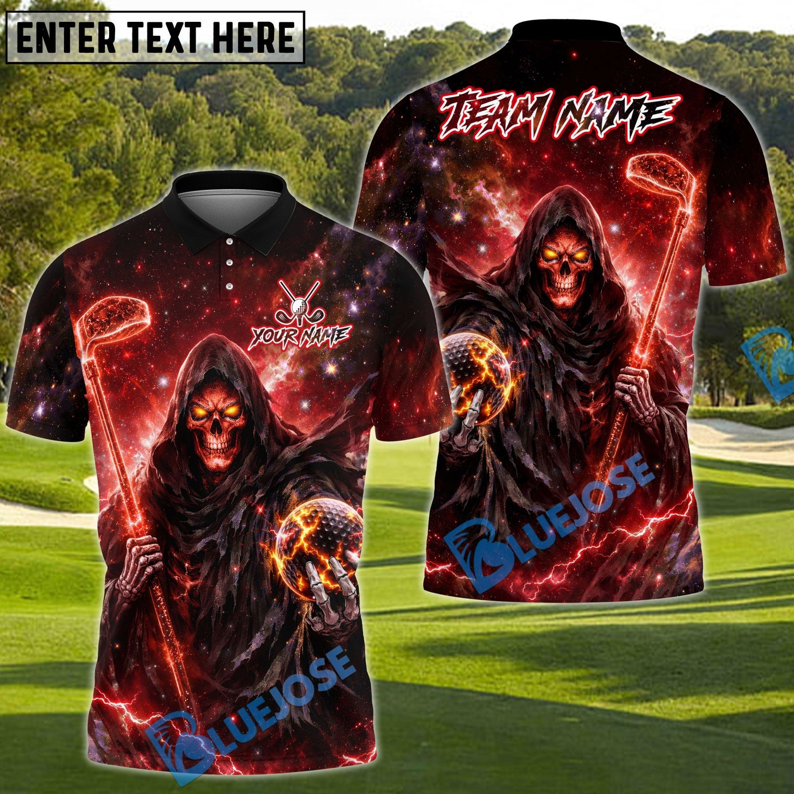 BlueJose Reaper Power Swing Golf Polo Customized Name, Team Name 3D Shirts (4 Colors)