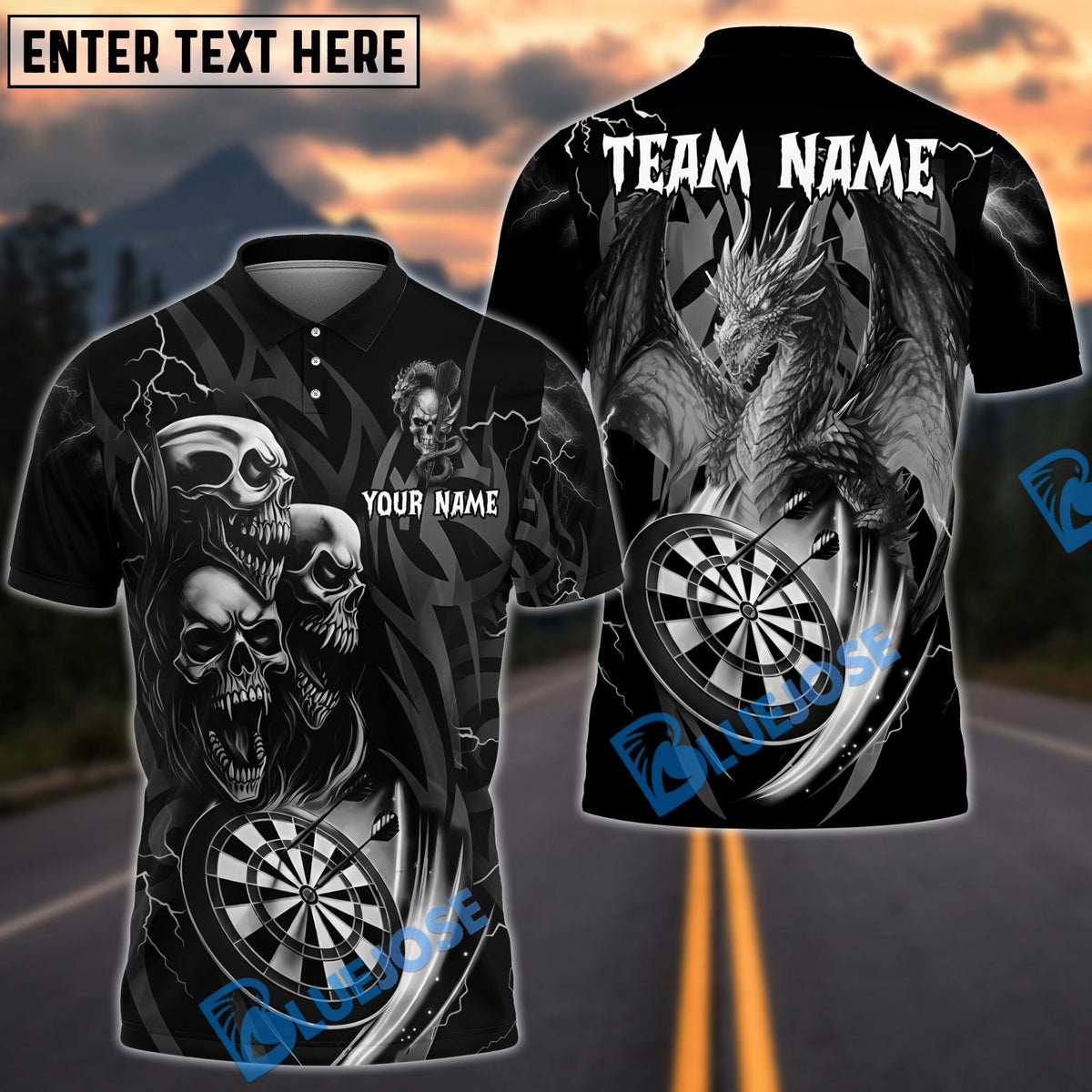 BlueJose Darts Dragon And Skull Multicolor Options Personalized Name Shirt (6 Colors)