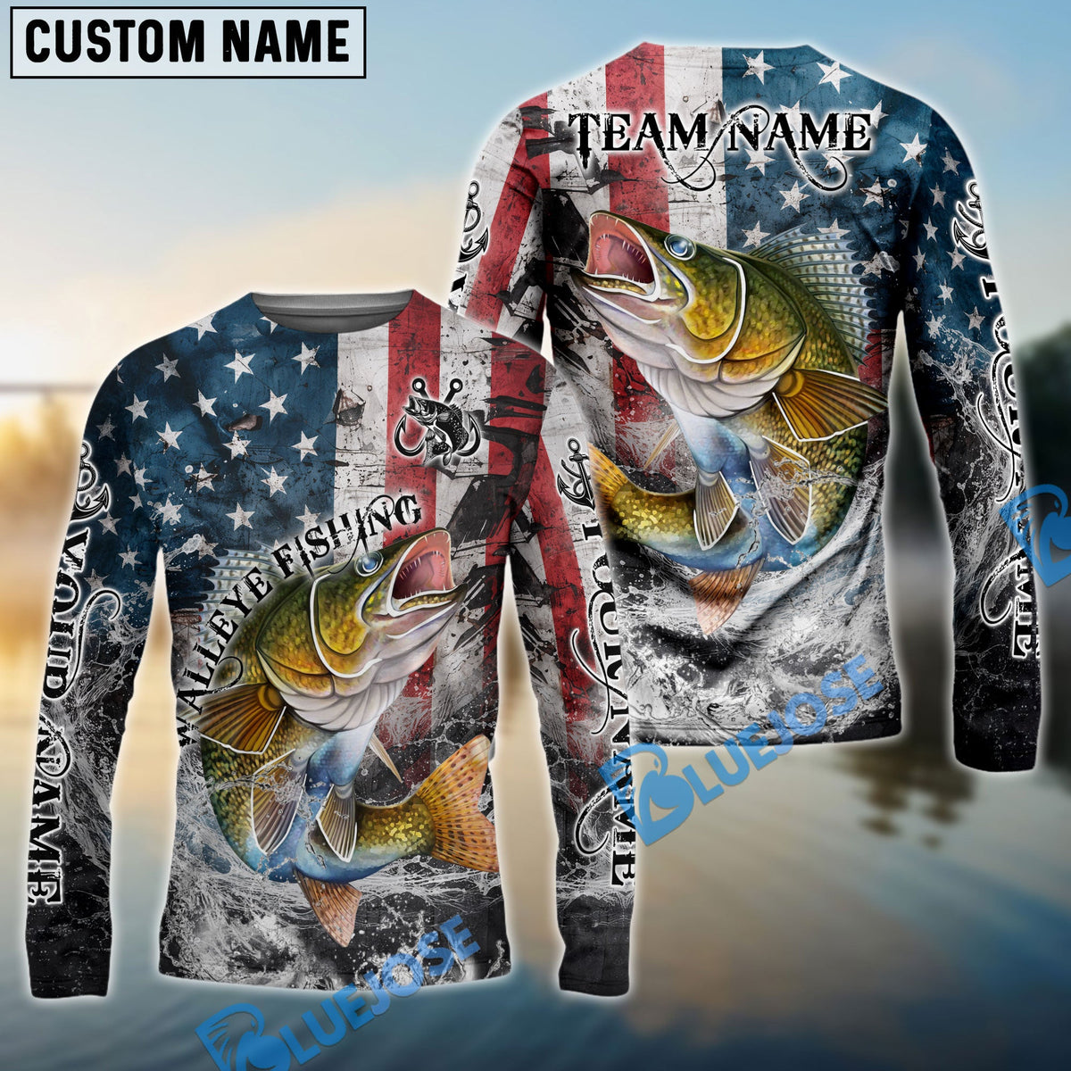 Bluejose Walleye Fishing American Flag Vintage Splash Art Custom Name &amp; Team Name 3D Shirts