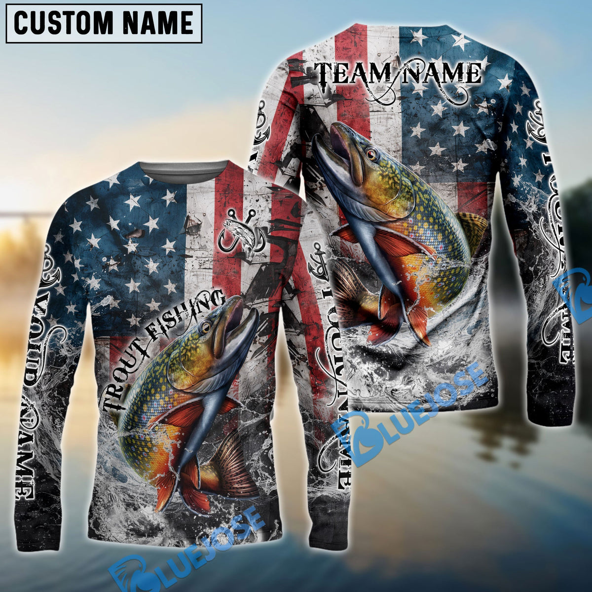 Bluejose Trout Fishing American Flag Vintage Splash Art Custom Name &amp; Team Name 3D Shirts