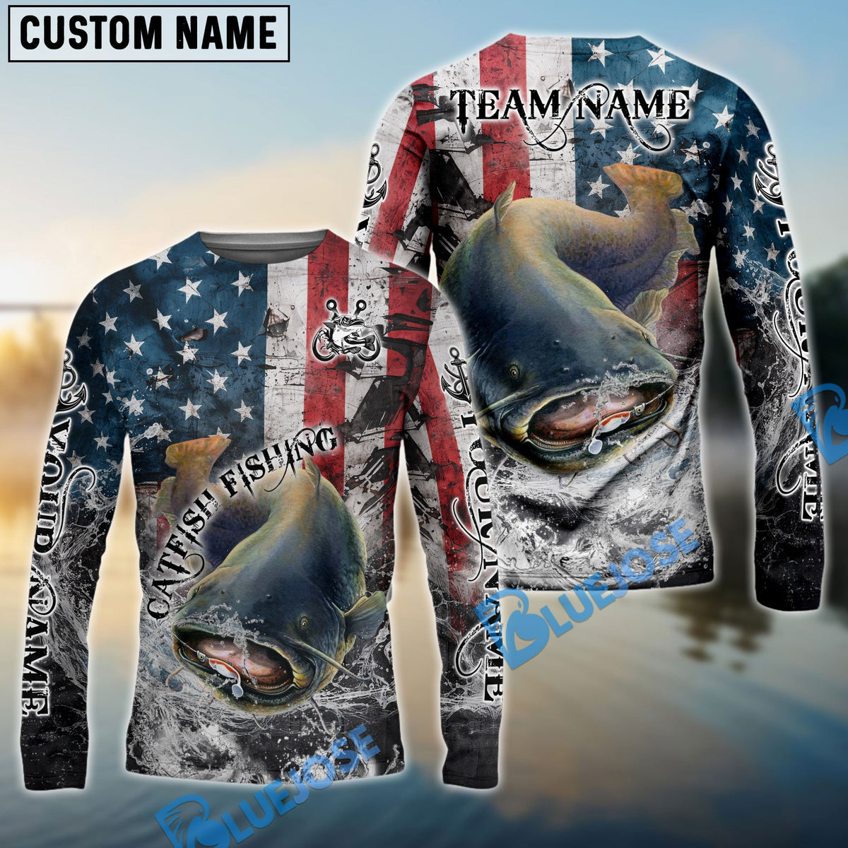 Bluejose Catfish Fishing American Flag Vintage Splash Art Custom Name &amp; Team Name 3D Shirts
