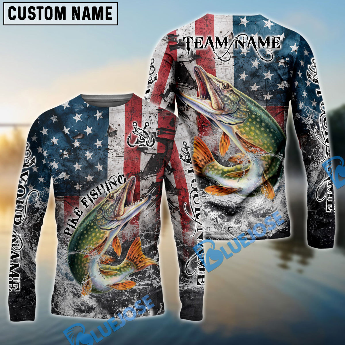 Bluejose Pike Fishing American Flag Vintage Splash Art Custom Name &amp; Team Name 3D Shirts