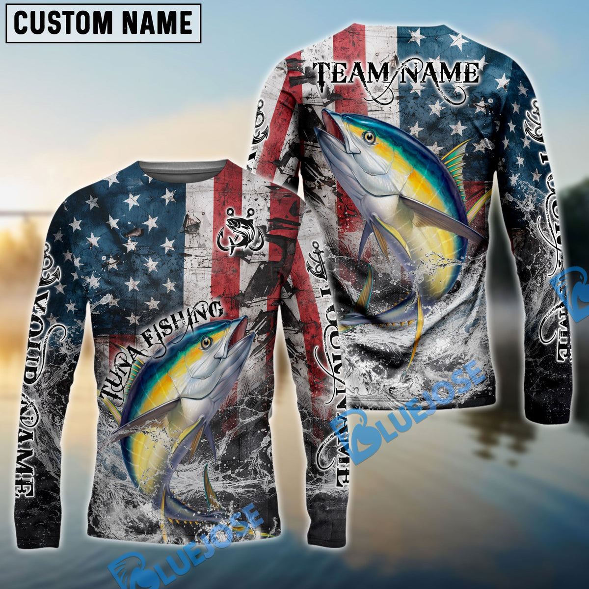 Bluejose Tuna Fishing American Flag Vintage Splash Art Custom Name &amp; Team Name 3D Shirts