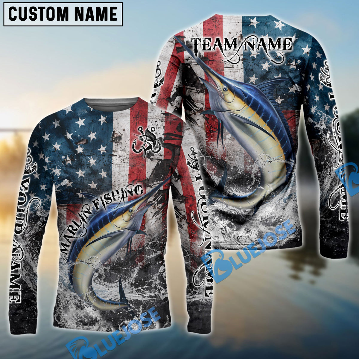 Bluejose Marlin Fishing American Flag Vintage Splash Art Custom Name &amp; Team Name 3D Shirts