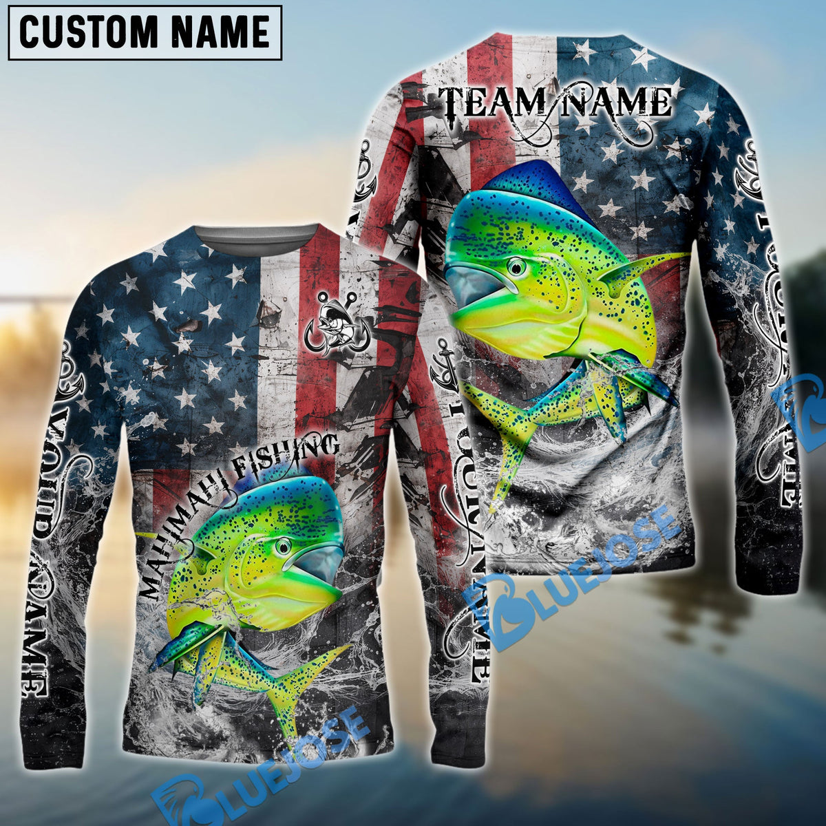 Bluejose Mahi-Mahi Fishing American Flag Vintage Splash Art Custom Name &amp; Team Name 3D Shirts