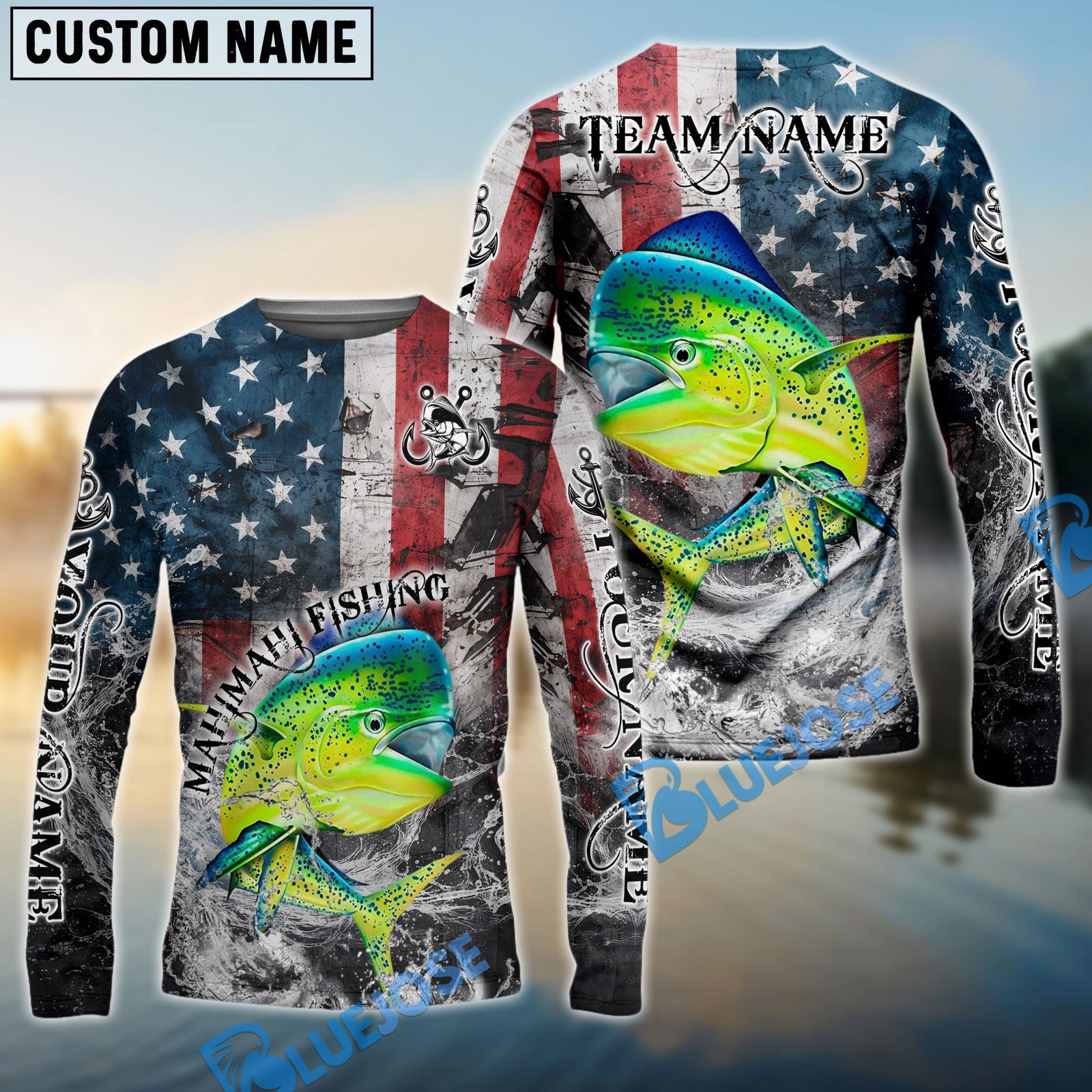 Bluejose Mahi-Mahi Fishing American Flag Vintage Splash Art Custom Name & Team Name 3D Shirts