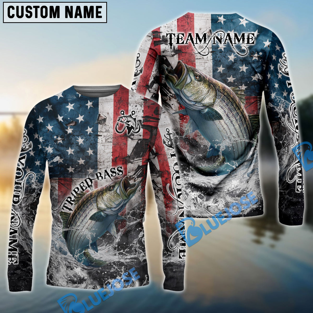 Bluejose Striped Bass Fishing American Flag Vintage Splash Art Custom Name &amp; Team Name 3D Shirts