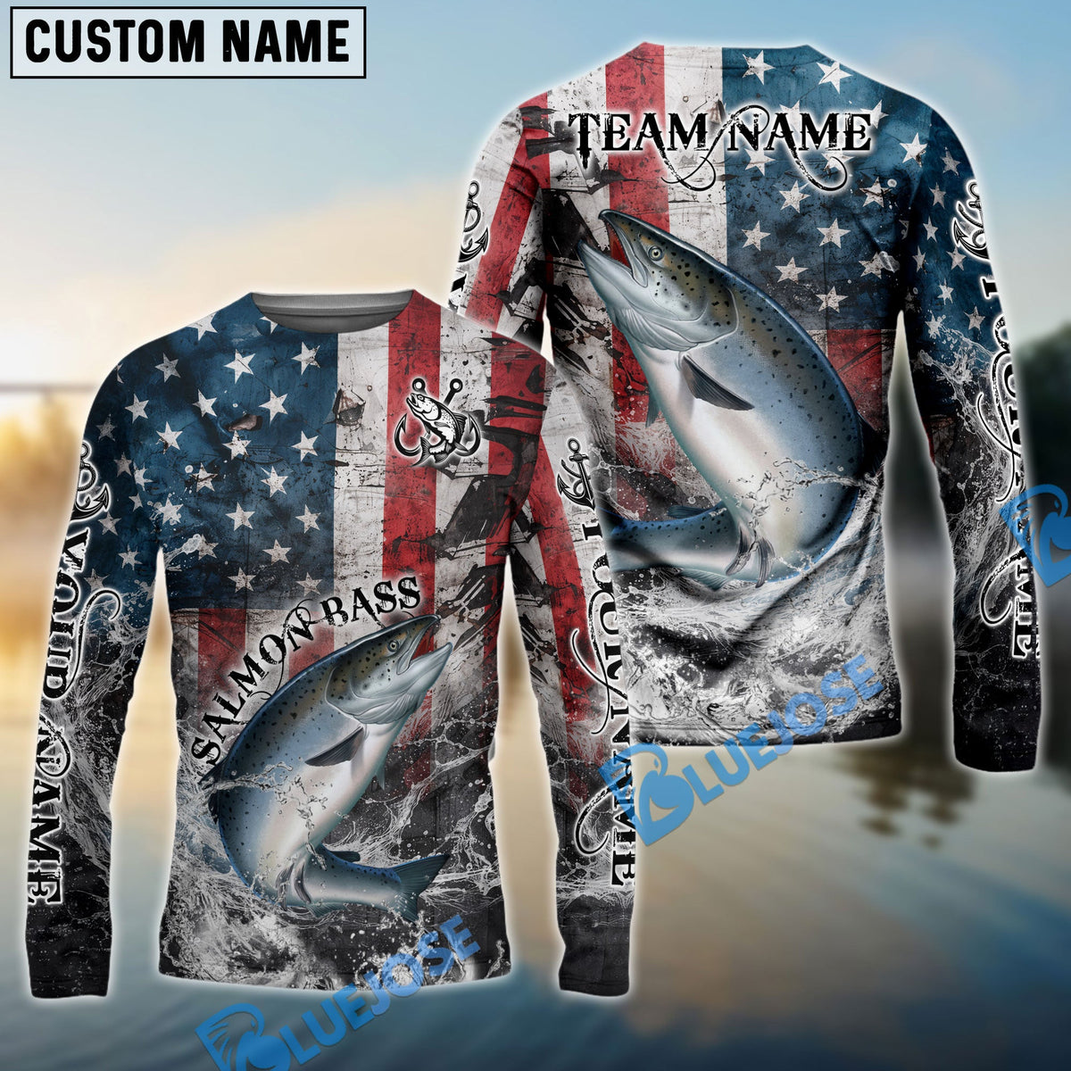 Bluejose Chinook Salmon Fishing American Flag Vintage Splash Art Custom Name &amp; Team Name 3D Shirts