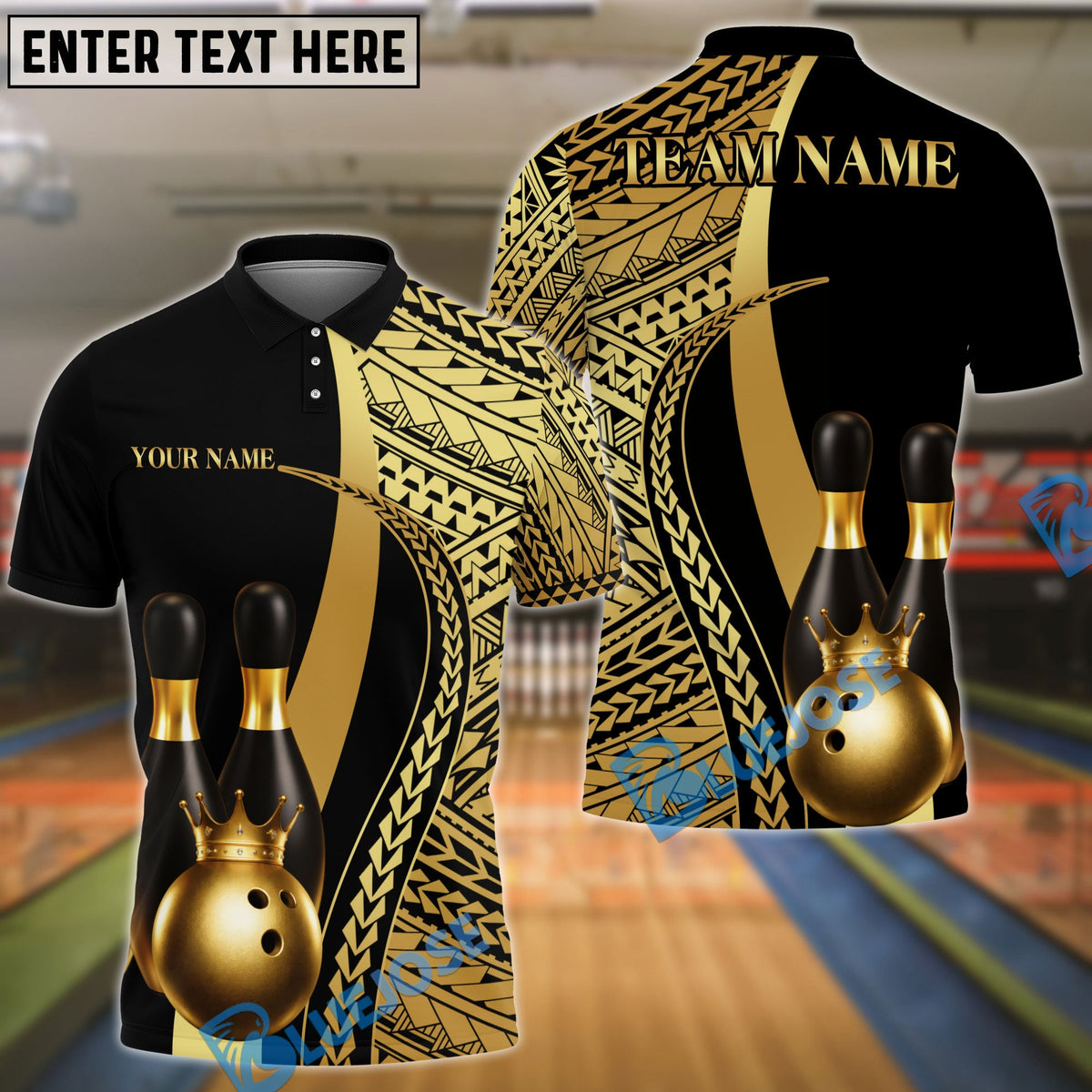 BlueJose Bowling &amp; Pins Tribal Crown Pattern Customized Name, Team Name 3D Shirt (6 Colors)