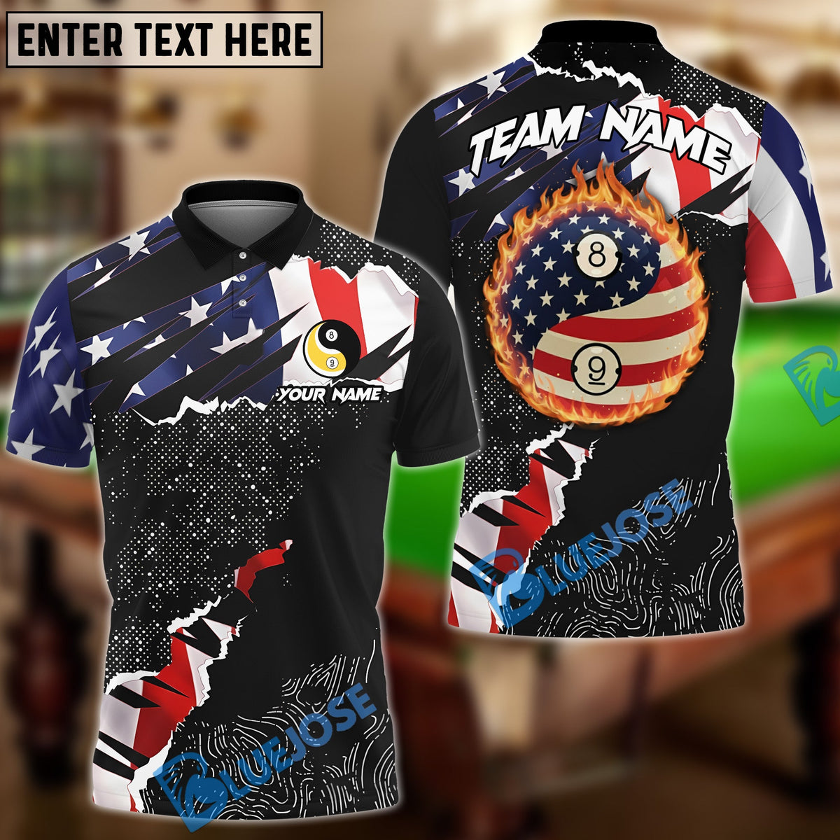 BlueJose Billiards 8&amp;9 Ball Yinyang Ripped American Flag Personalized Shirt