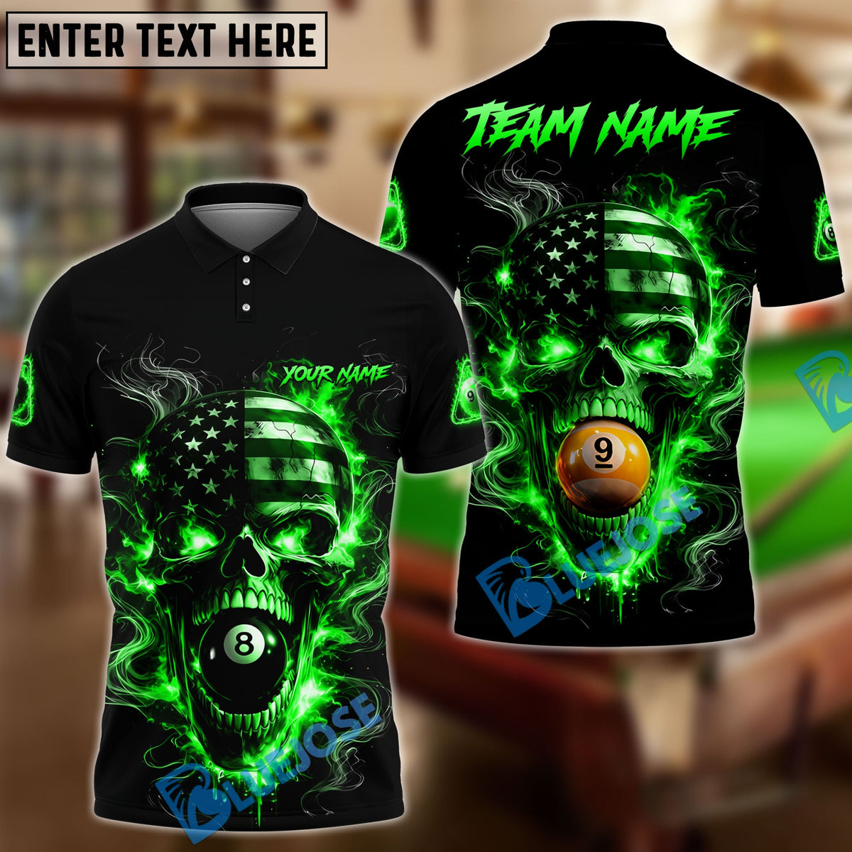 BlueJose Billiards 8 Ball 9 Ball Flame American Flag Skull Customized Name, Team Name 3D Shirt (4 Colors)