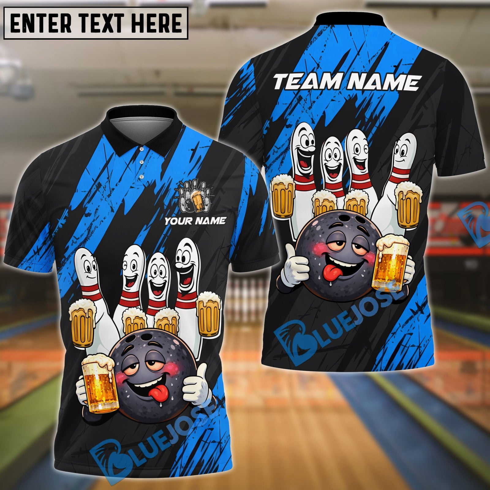 BlueJose Bowling & Pins Funny Beer Drunk Gang Customized Name, Team Name 3D Shirt (6 Colors)
