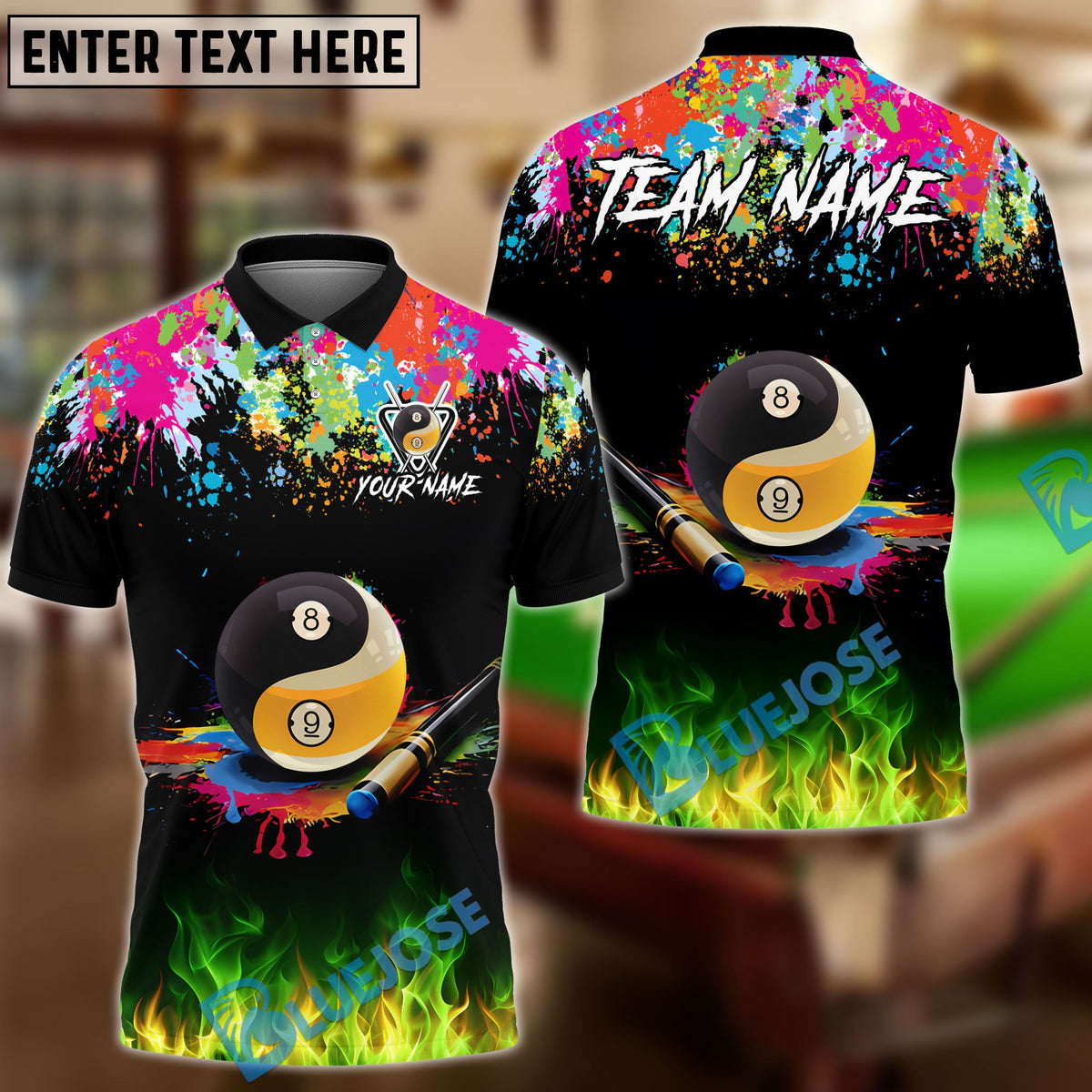 BlueJose Billiards 8 Ball &amp; 9 Ball Yinyang Cue Paint Splash Personalized Shirt