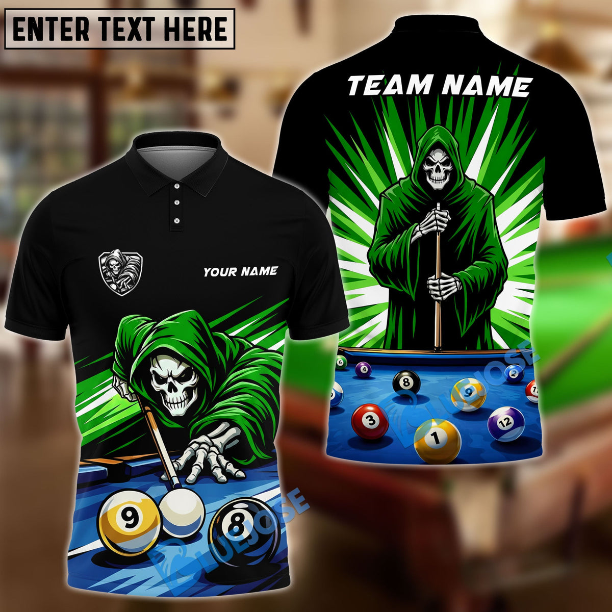 BlueJose Billiards 8 Ball 9 Ball Reaper Cue Master Customized Name, Team Name 3D Shirt (6 Colors)